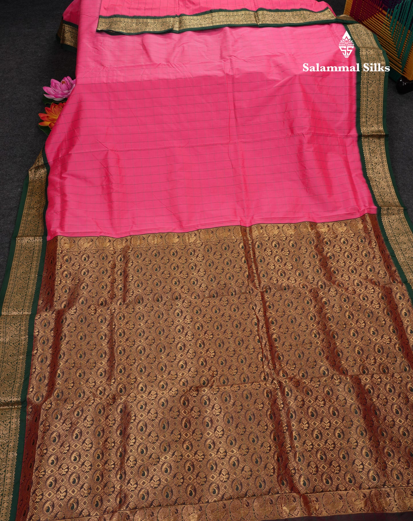 9 Yards Semi Silk Saree Pink with Contrast Bottle Green Traditional Border