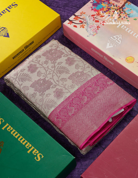 Beautiful Grey White Fancy Bridal Pure Kanjivaram Silk Saree With Contrast Pink Traditional Medium Border