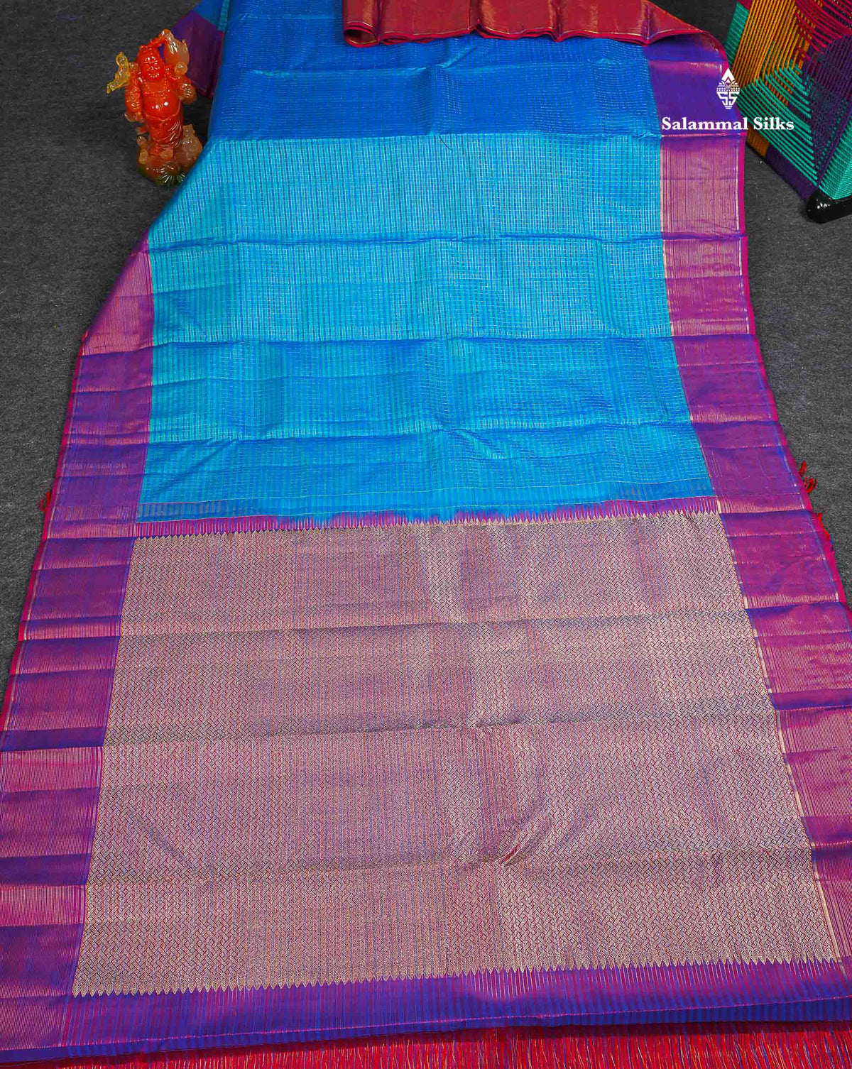 Pure Kanjivaram Silk Saree - Peacock Blue Colour Body Small Checks & Contrast Magenta Pink Vaira Oosi Lines Border