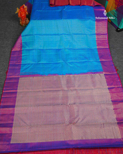Pure Kanjivaram Silk Saree - Peacock Blue Colour Body Small Checks & Contrast Magenta Pink Vaira Oosi Lines Border