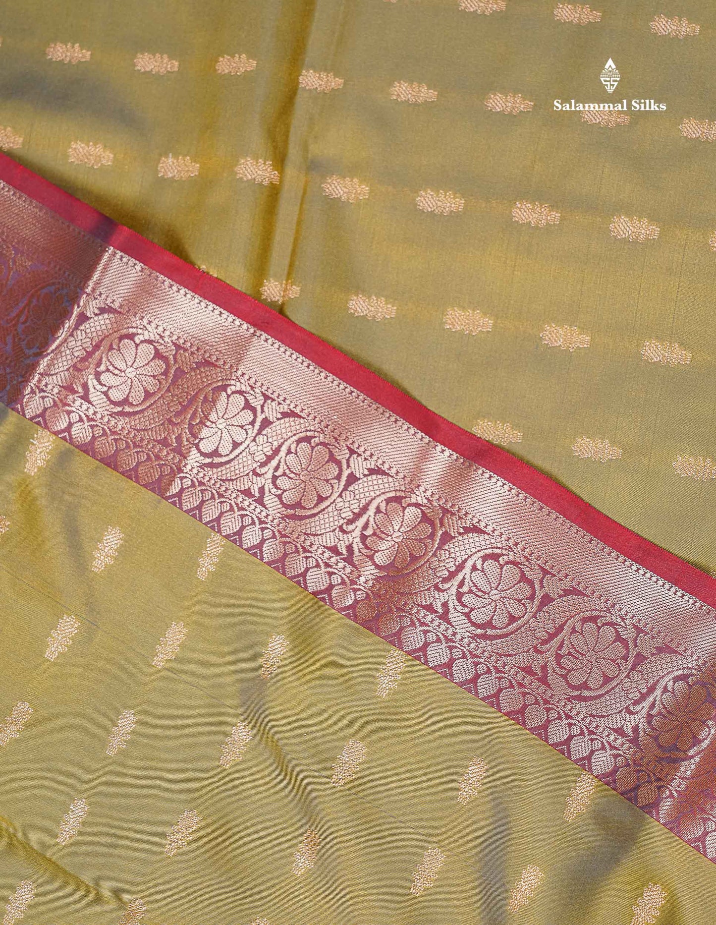 Beautiful Dual Tone Olive Green Zari Butta Semi Soft Silk Saree With Contrast Orange Blouse
