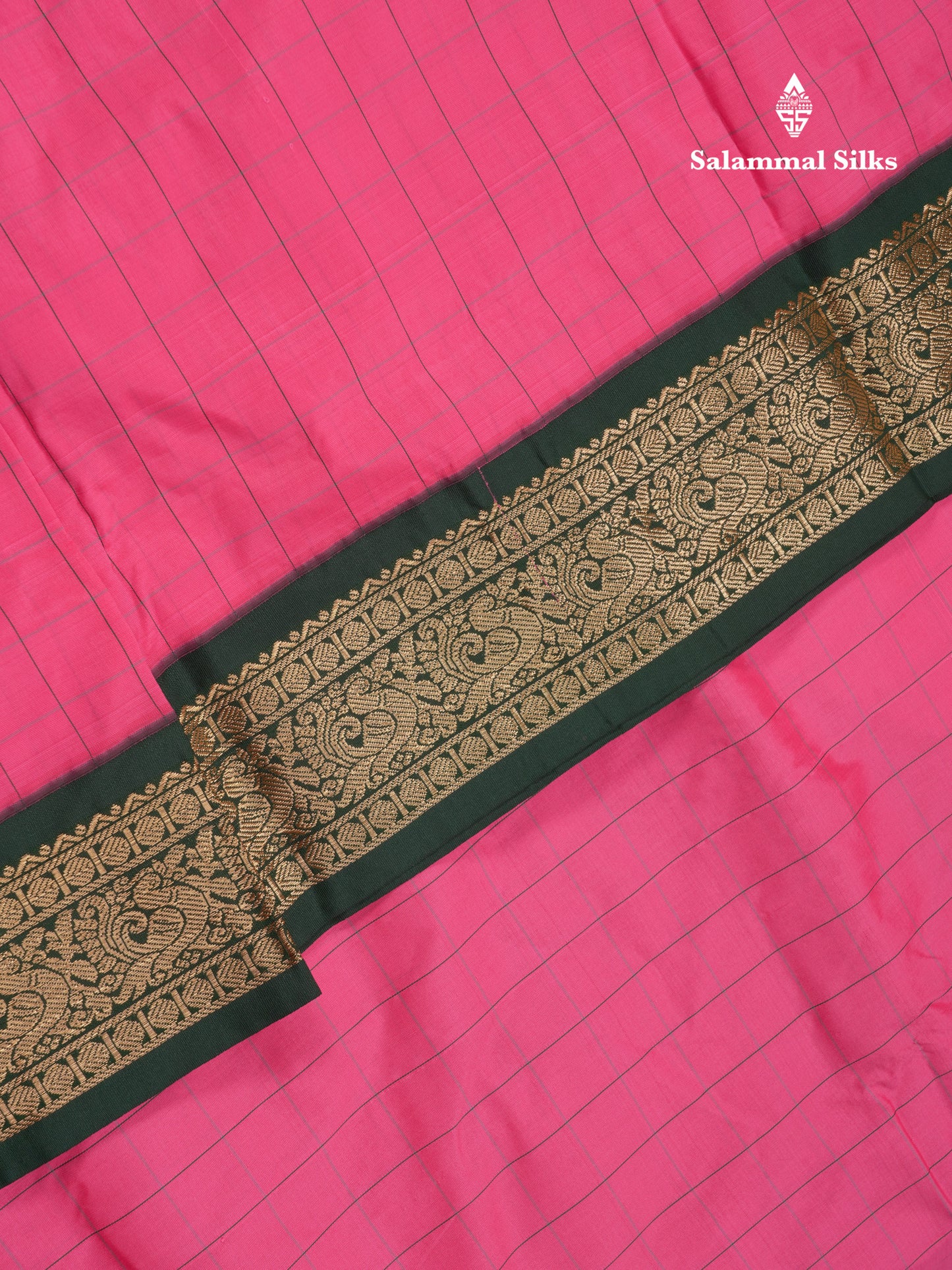 9 Yards Semi Silk Saree Pink with Contrast Bottle Green Traditional Border