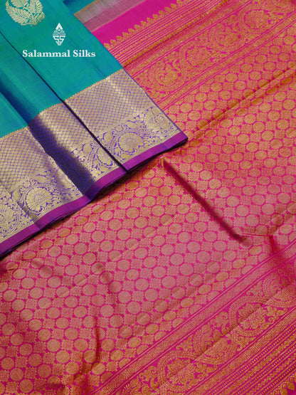 Beautiful Dual Tone Peacock Green Pure Kanjivaram Silk Saree With Contrast Vadamalli Traditional Evening Morning Border