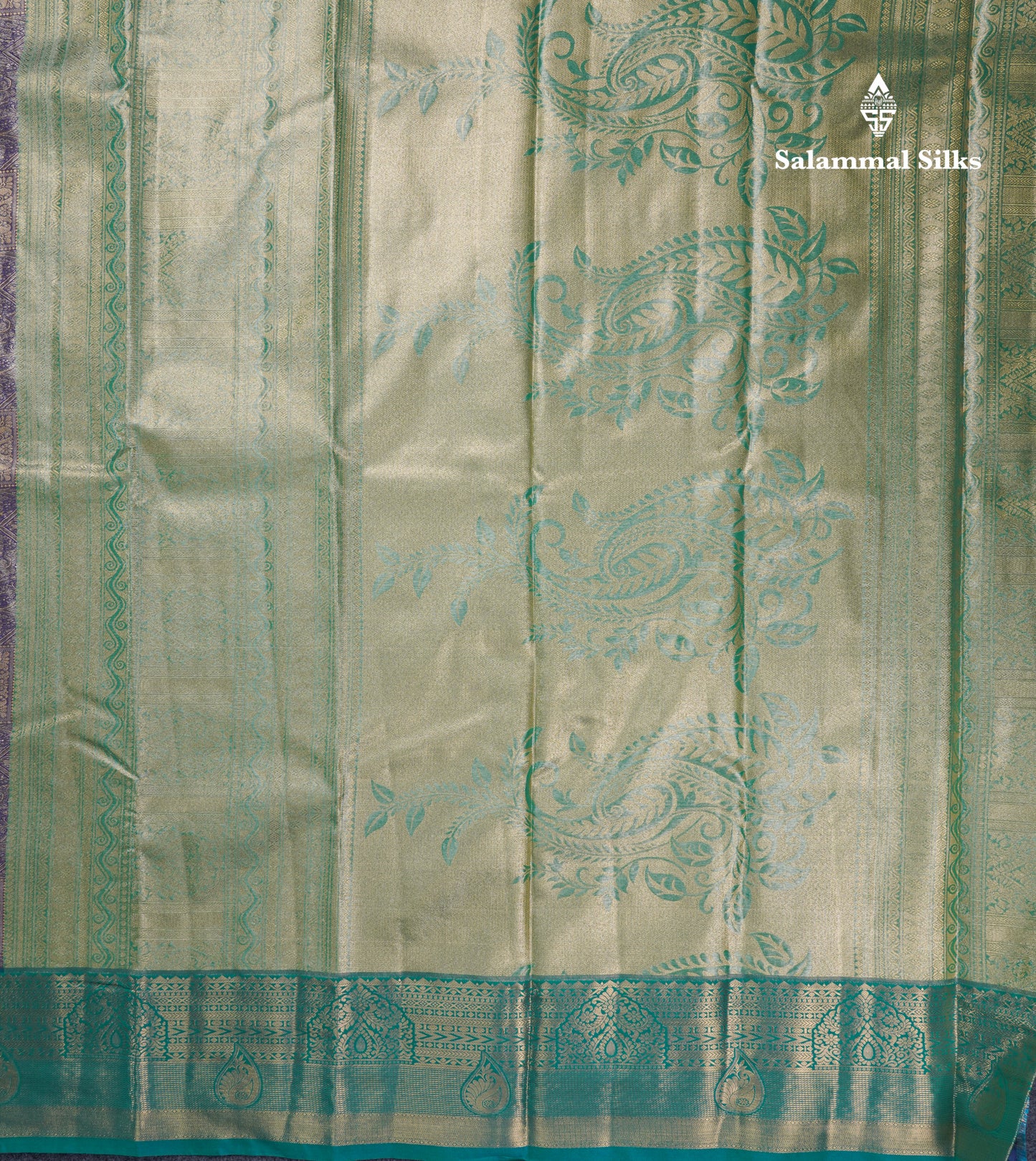 Dark Peach Geometric Pattern Tissue Bridal Semi Silk Saree With Contrast Peacock Green Traditional Border