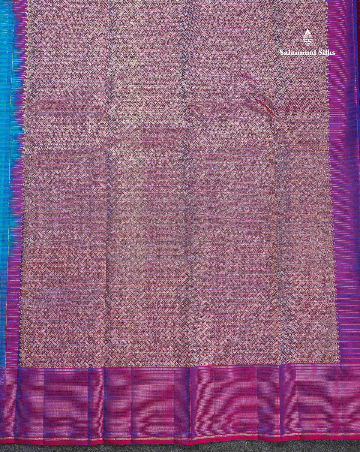 Pure Kanjivaram Silk Saree - Peacock Blue Colour Body Small Checks & Contrast Magenta Pink Vaira Oosi Lines Border