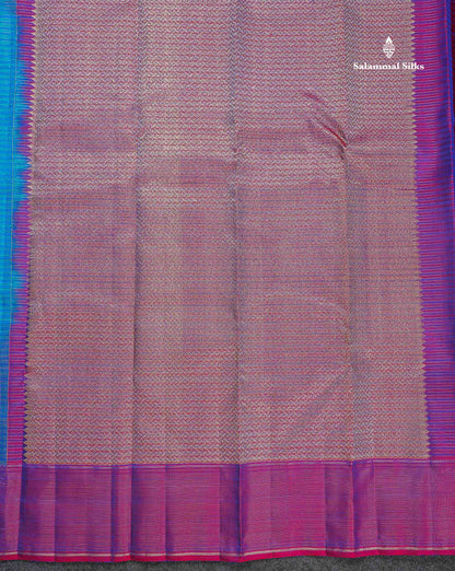 Pure Kanjivaram Silk Saree - Peacock Blue Colour Body Small Checks & Contrast Magenta Pink Vaira Oosi Lines Border