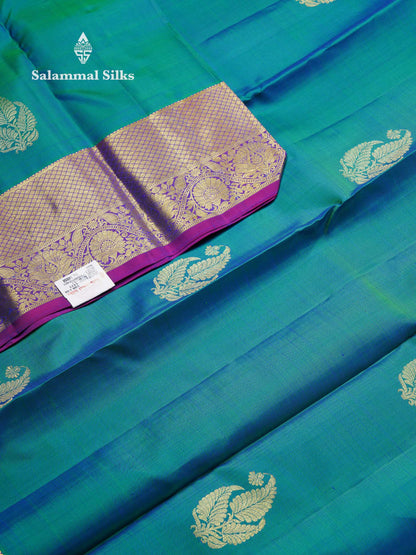 Beautiful Dual Tone Peacock Green Pure Kanjivaram Silk Saree With Contrast Vadamalli Traditional Evening Morning Border