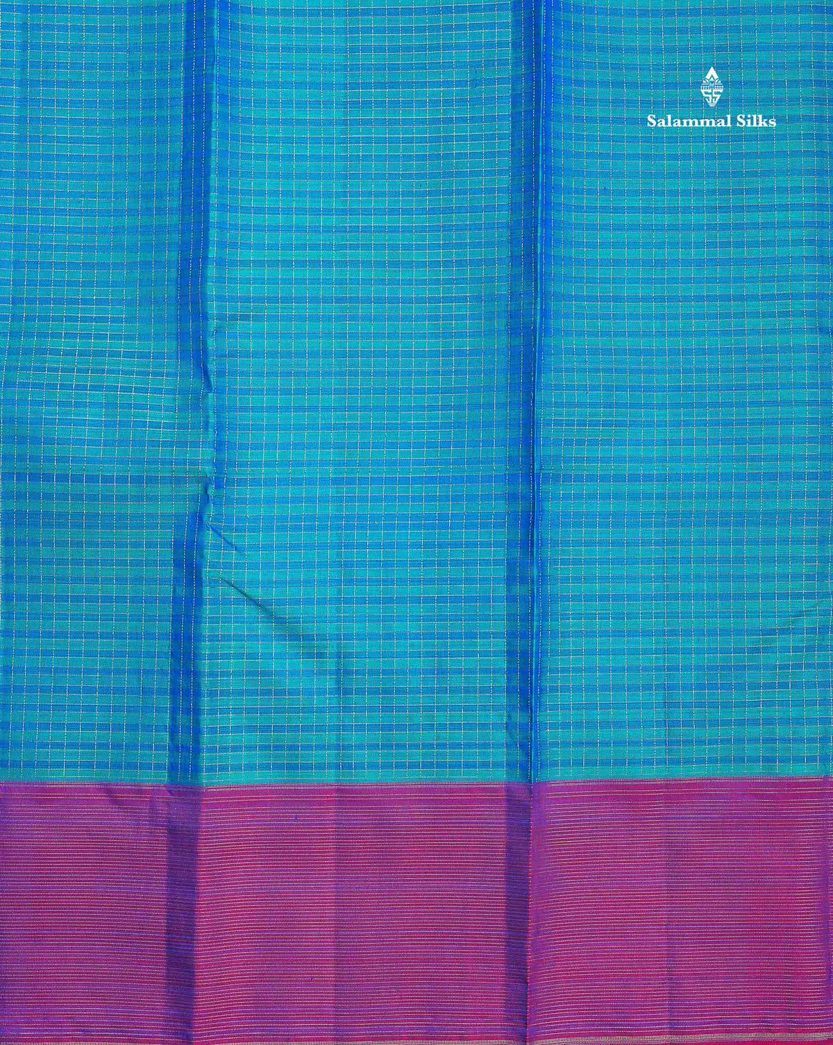 Pure Kanjivaram Silk Saree - Peacock Blue Colour Body Small Checks & Contrast Magenta Pink Vaira Oosi Lines Border