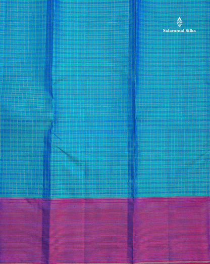 Pure Kanjivaram Silk Saree - Peacock Blue Colour Body Small Checks & Contrast Magenta Pink Vaira Oosi Lines Border