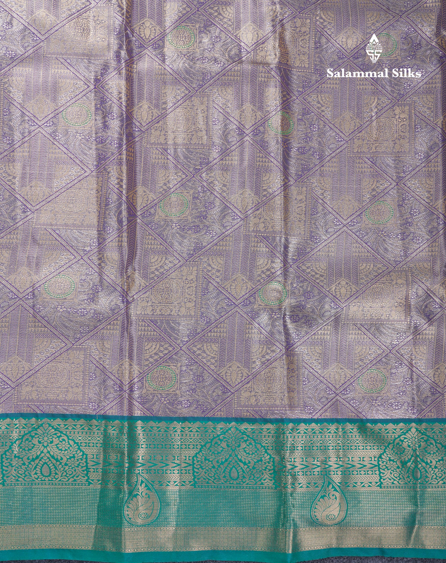 Dark Peach Geometric Pattern Tissue Bridal Semi Silk Saree With Contrast Peacock Green Traditional Border