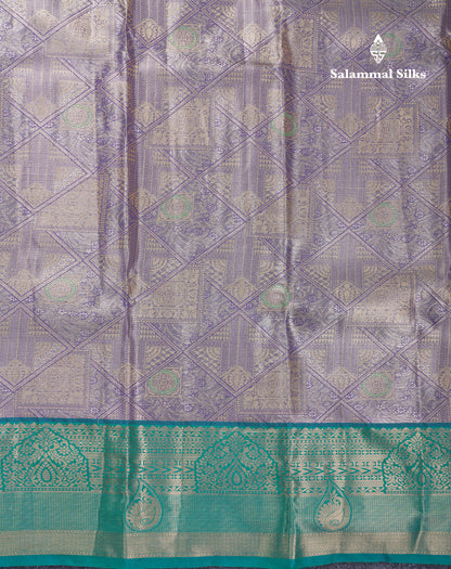Dark Peach Geometric Pattern Tissue Bridal Semi Silk Saree With Contrast Peacock Green Traditional Border