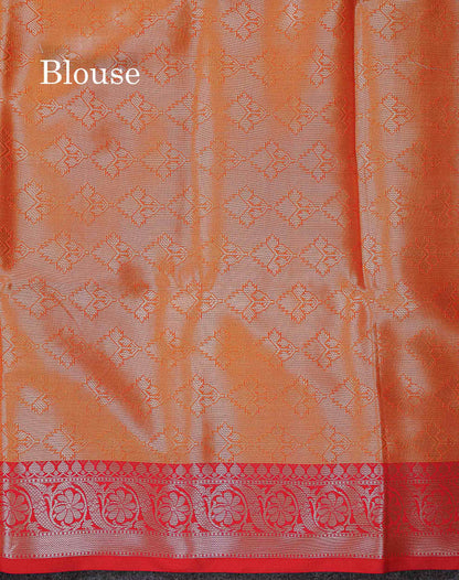 Beautiful Dual Tone Olive Green Zari Butta Semi Soft Silk Saree With Contrast Orange Blouse