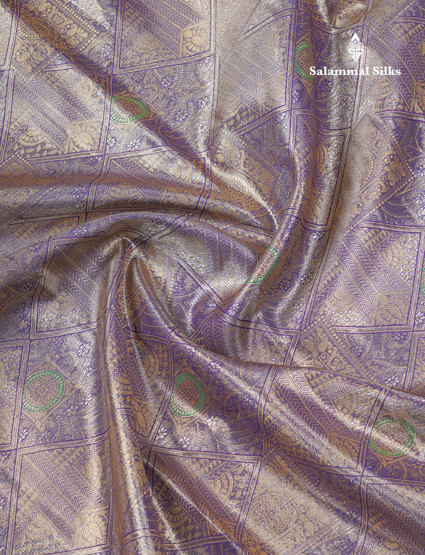 Dark Peach Geometric Pattern Tissue Bridal Semi Silk Saree With Contrast Peacock Green Traditional Border