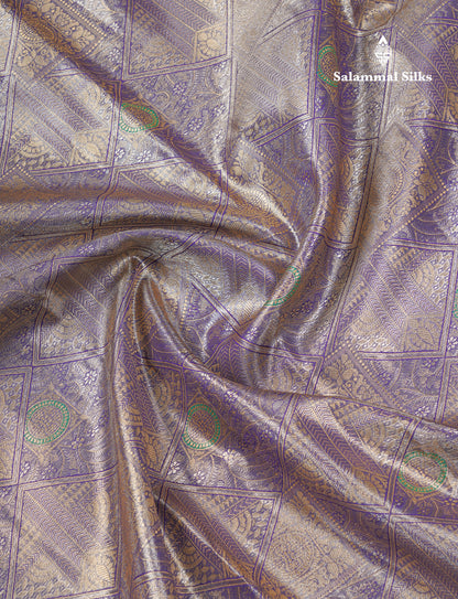 Dark Peach Geometric Pattern Tissue Bridal Semi Silk Saree With Contrast Peacock Green Traditional Border