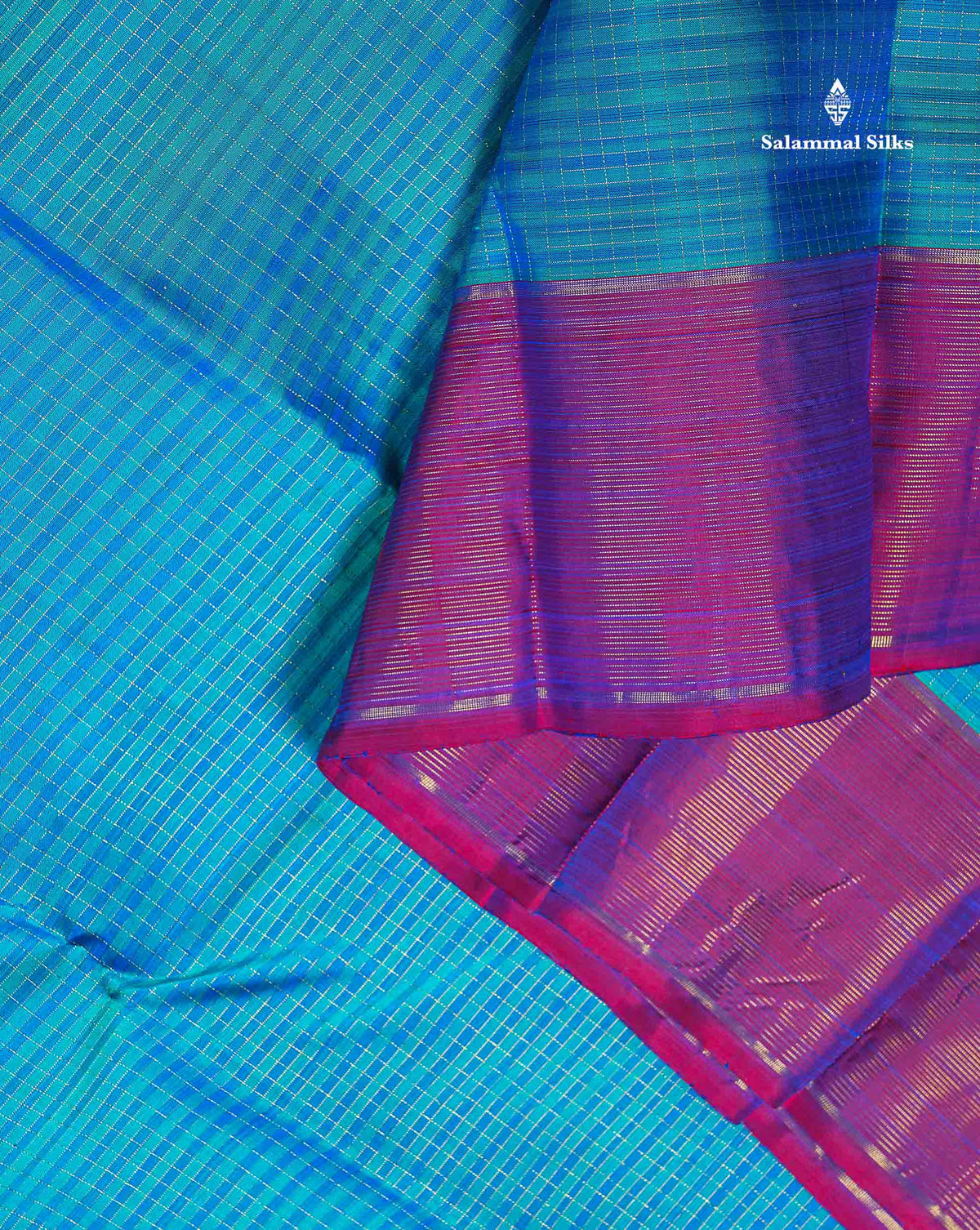 Pure Kanjivaram Silk Saree - Peacock Blue Colour Body Small Checks & Contrast Magenta Pink Vaira Oosi Lines Border