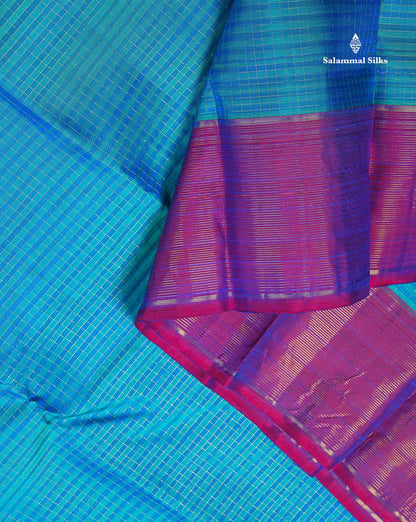 Pure Kanjivaram Silk Saree - Peacock Blue Colour Body Small Checks & Contrast Magenta Pink Vaira Oosi Lines Border