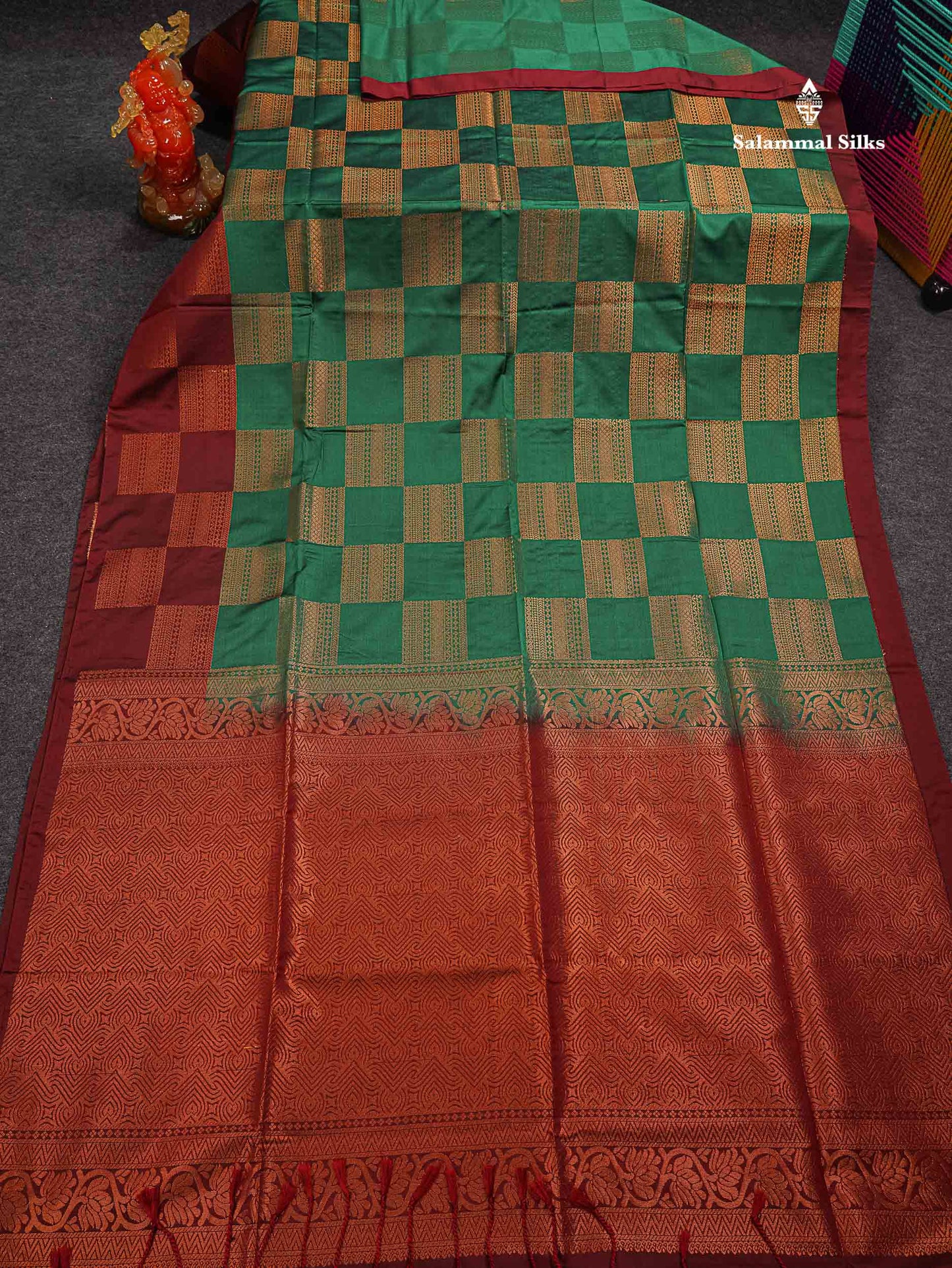 Beautiful Bottle Green Fancy Semi Soft Silk Saree With Contrast Maroon Blouse