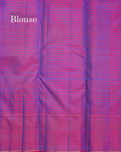 Pure Kanjivaram Silk Saree - Peacock Blue Colour Body Small Checks & Contrast Magenta Pink Vaira Oosi Lines Border