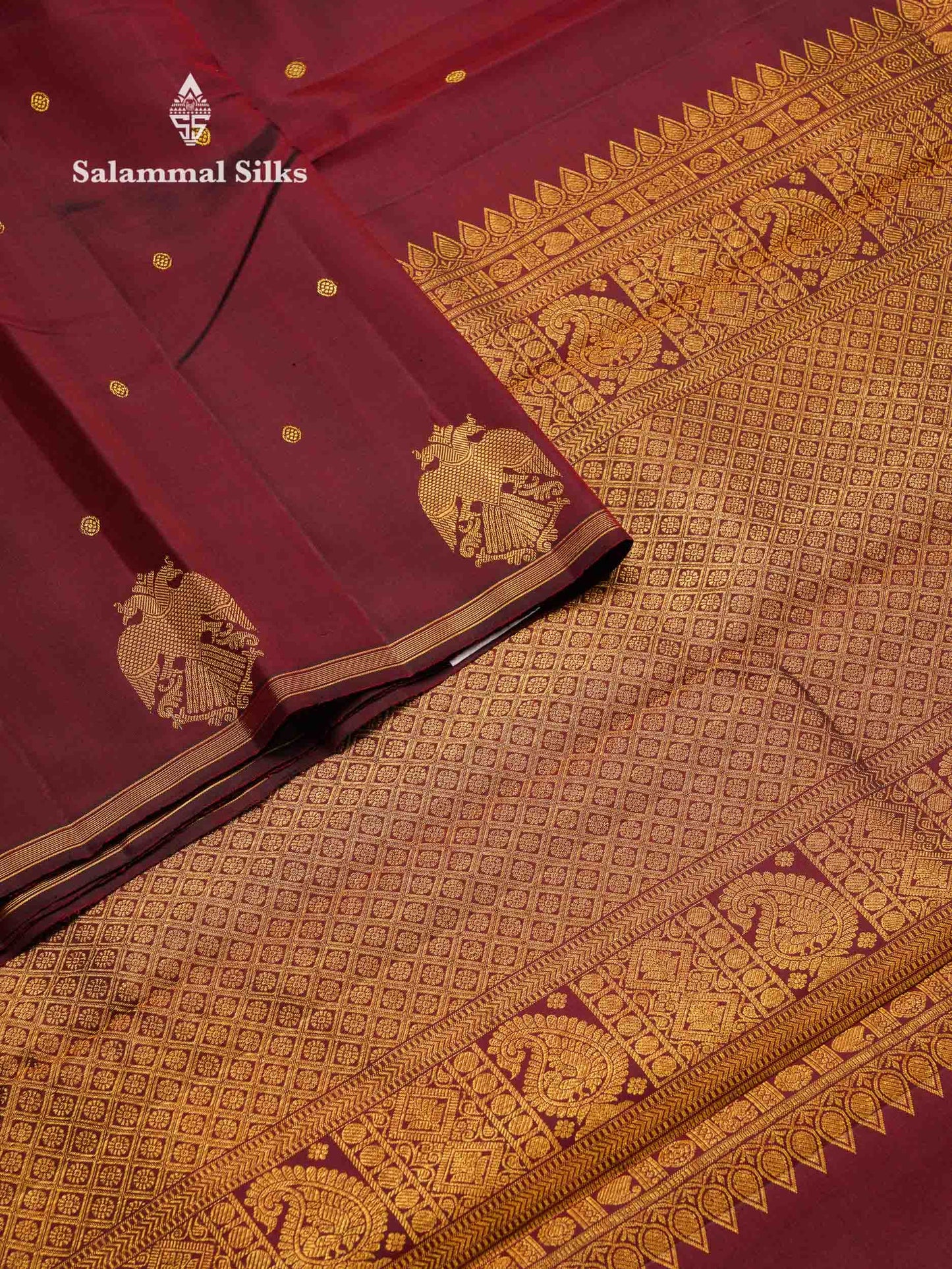 Beautiful Dark Maroon Zari Butta Pure Kanjivaram Silk Saree With Iruthalai Pakshi Traditional Border