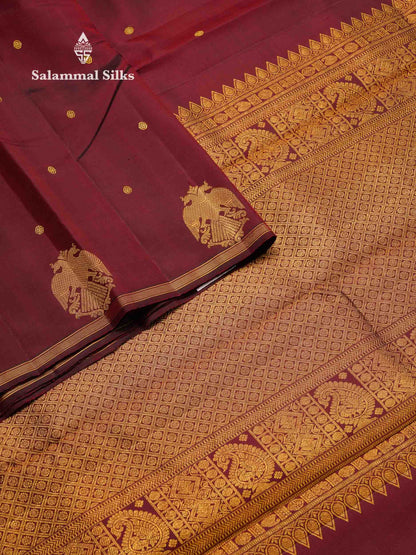 Beautiful Dark Maroon Zari Butta Pure Kanjivaram Silk Saree With Iruthalai Pakshi Traditional Border