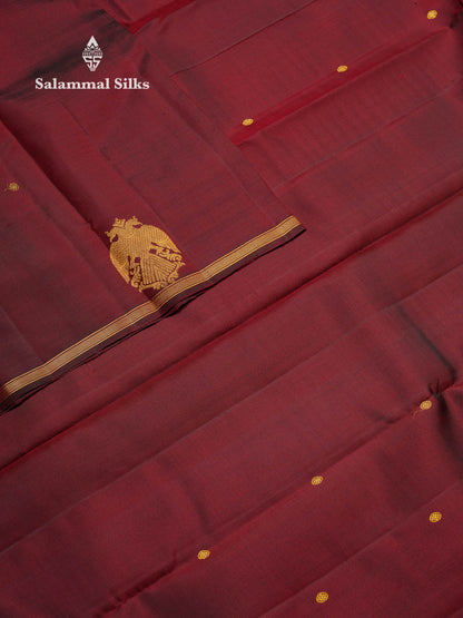 Beautiful Dark Maroon Zari Butta Pure Kanjivaram Silk Saree With Iruthalai Pakshi Traditional Border