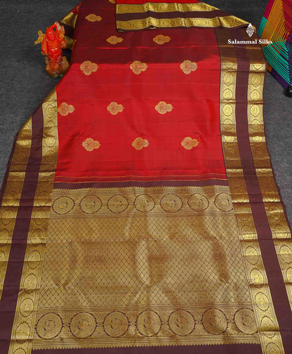 Pure Kanjivaram Silk Saree - Maroon Colour Body With Contrast Dark Brown Traditional Gap Long Border