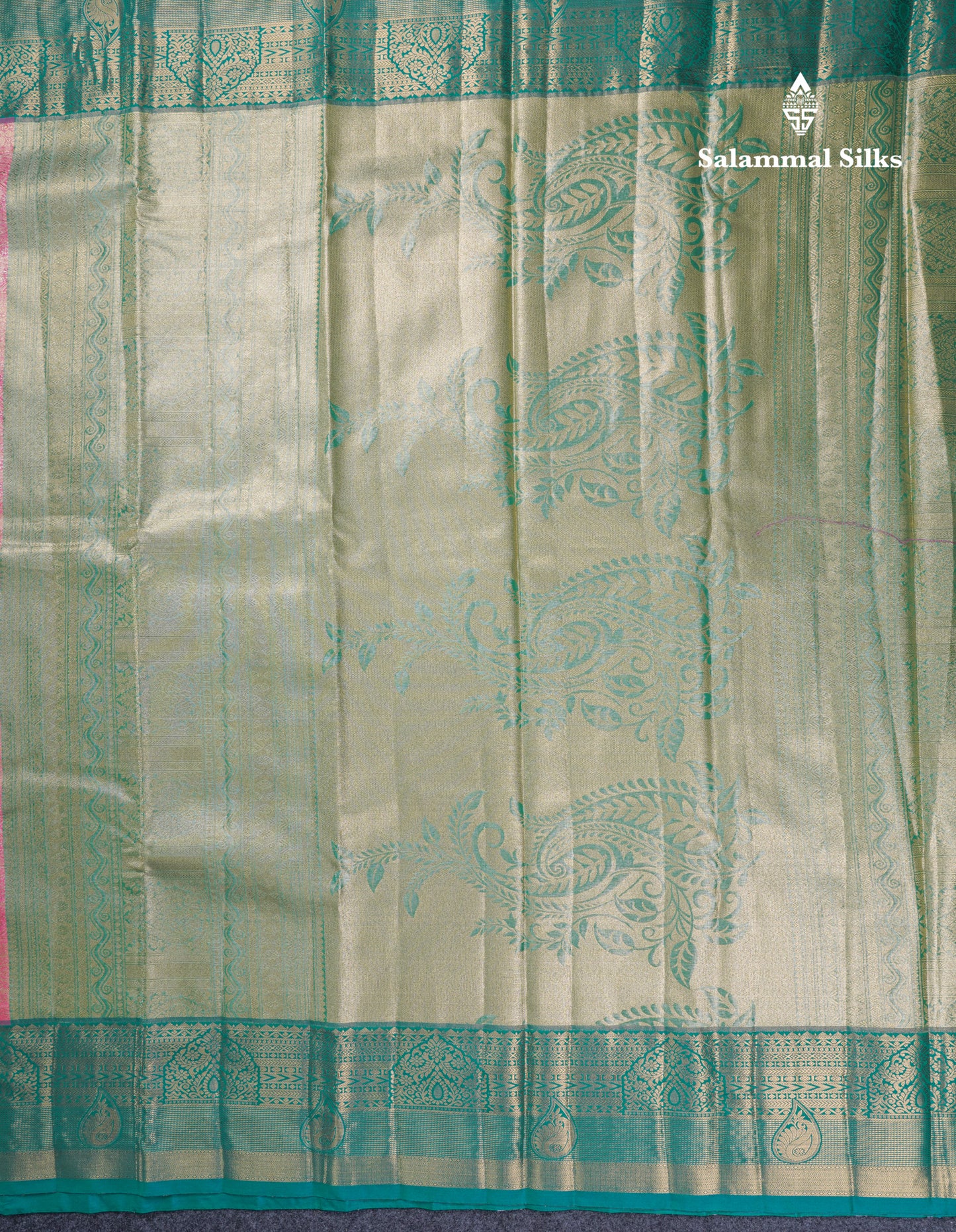 Dark Peach Geometric Pattern Tissue Bridal Semi Silk Saree With Contrast Peacock Green Traditional Border