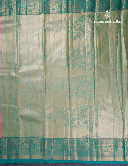 Dark Peach Geometric Pattern Tissue Bridal Semi Silk Saree With Contrast Peacock Green Traditional Border