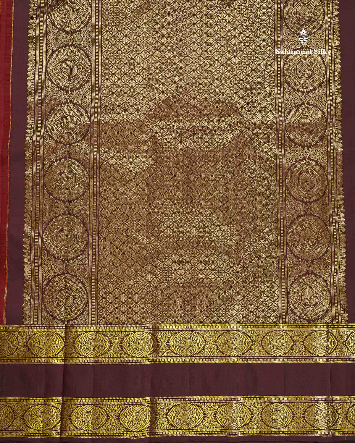Pure Kanjivaram Silk Saree - Maroon Colour Body With Contrast Dark Brown Traditional Gap Long Border