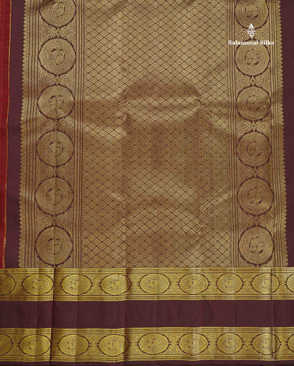 Pure Kanjivaram Silk Saree - Maroon Colour Body With Contrast Dark Brown Traditional Gap Long Border