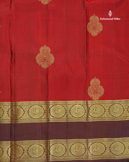 Pure Kanjivaram Silk Saree - Maroon Colour Body With Contrast Dark Brown Traditional Gap Long Border