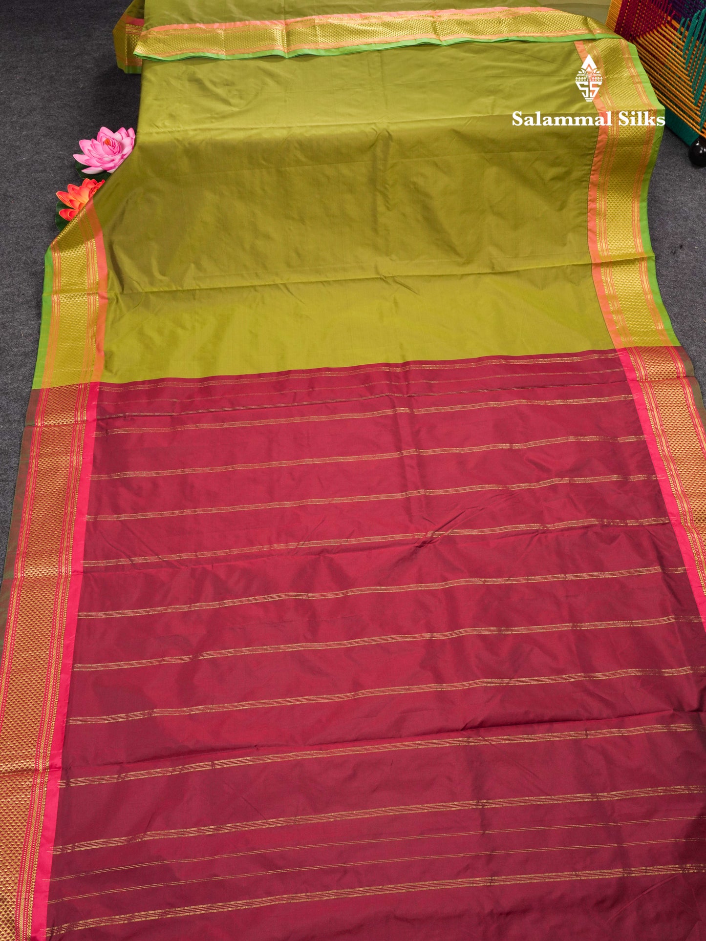 9 Yards Semi Silk Saree Army Green with Traditional Border