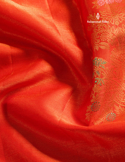Orange Fancy Vairaoosi Pure Kanjivaram Silk Saree with Contrast Rexona Green Blouse