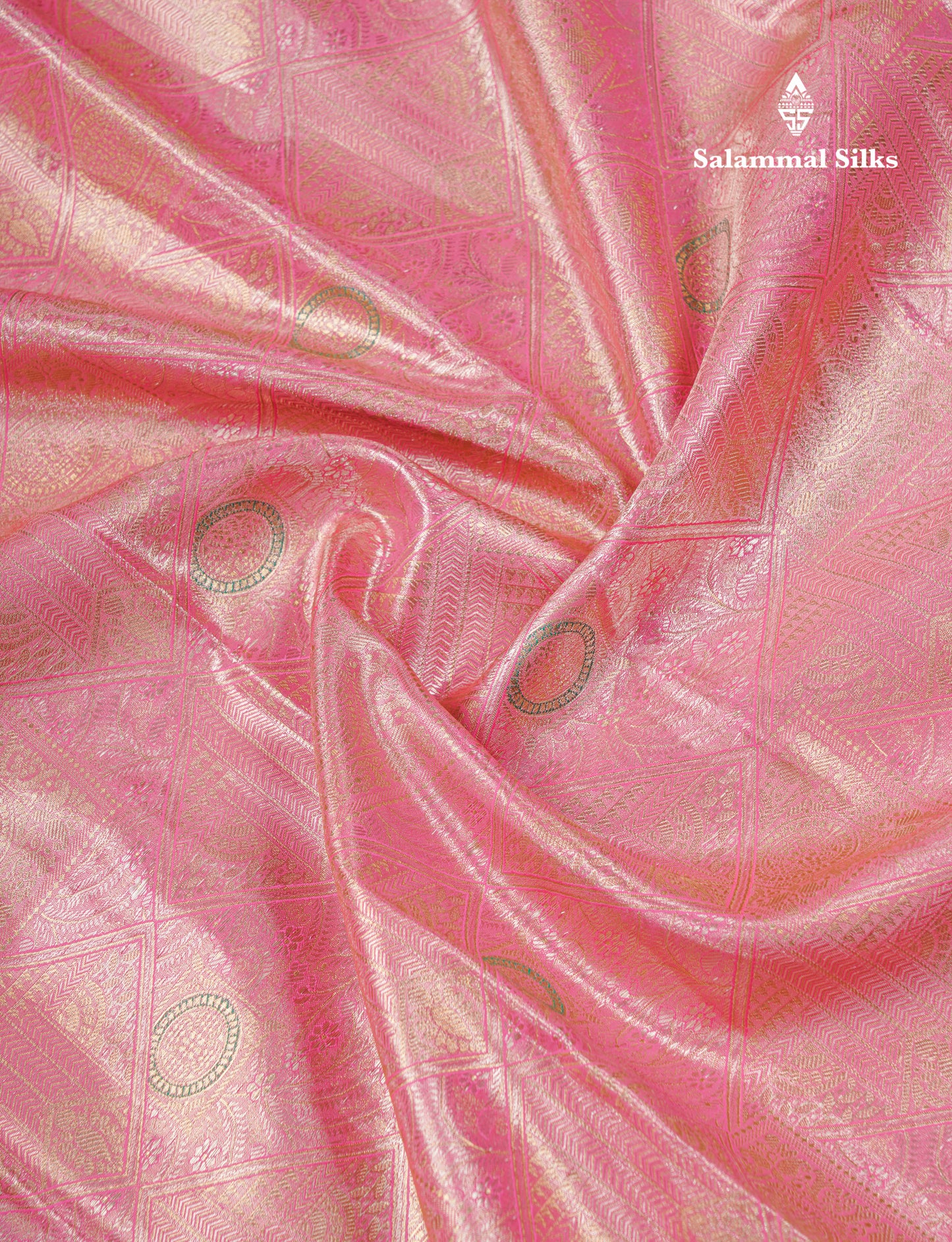 Dark Peach Geometric Pattern Tissue Bridal Semi Silk Saree With Contrast Peacock Green Traditional Border