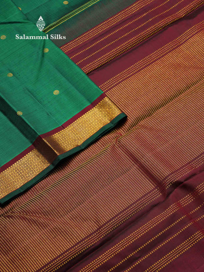 Beautiful Bottle Green Pure Kanjivaram Silk Saree With Contrast Dark Maroon Traditional Small Border