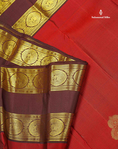 Pure Kanjivaram Silk Saree - Maroon Colour Body With Contrast Dark Brown Traditional Gap Long Border
