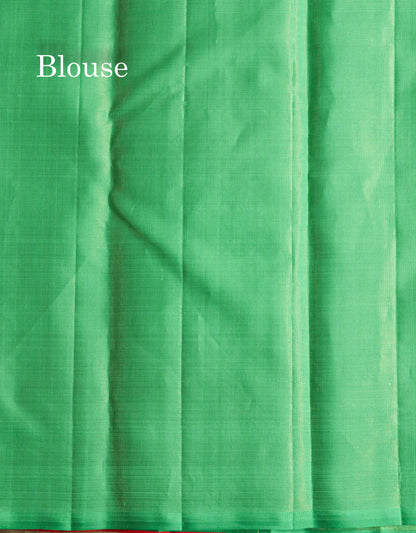 Orange Fancy Vairaoosi Pure Kanjivaram Silk Saree with Contrast Rexona Green Blouse