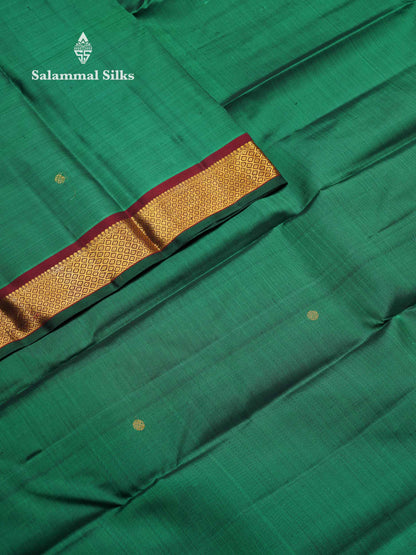 Beautiful Bottle Green Pure Kanjivaram Silk Saree With Contrast Dark Maroon Traditional Small Border