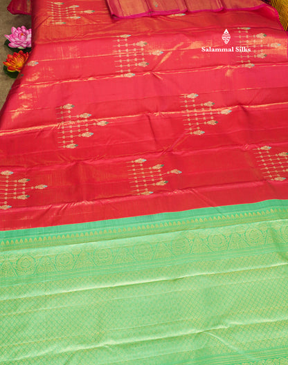 Beautiful Pink Fancy Vairaoosi Pure Kanjivaram Silk Saree with Contrast Rexona Green Blouse