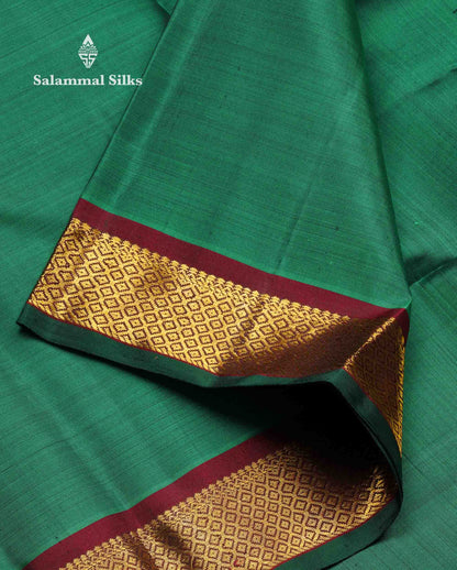Beautiful Bottle Green Pure Kanjivaram Silk Saree With Contrast Dark Maroon Traditional Small Border