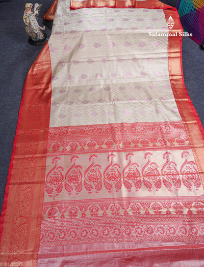 Cream Sandal Tissue Semi Silk Saree With Contrast Chilly Red Traditional Evening Morning Border