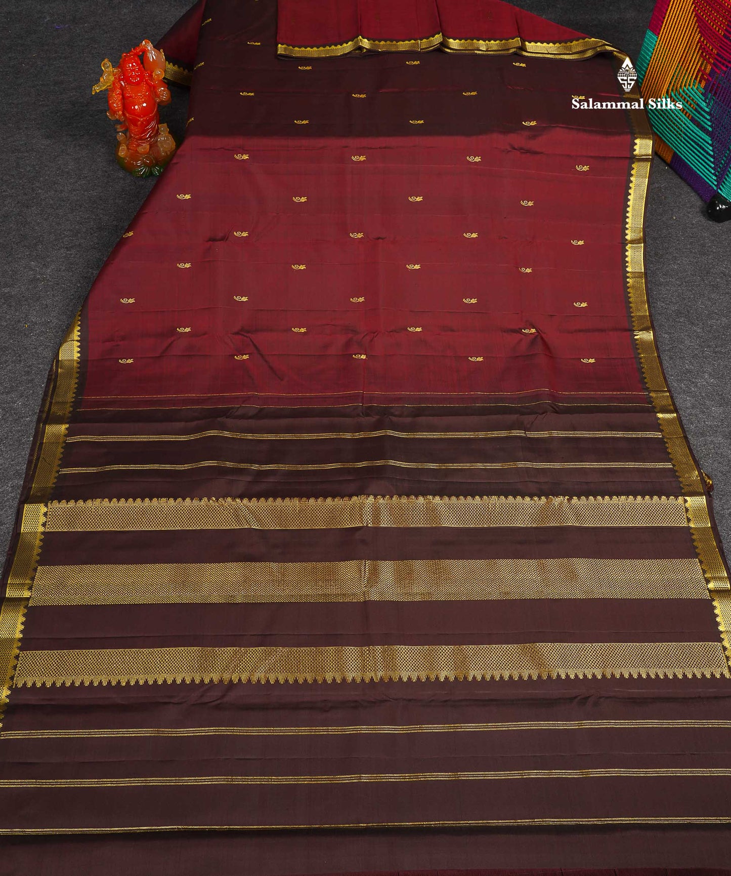 Pure Kanjivaram Silk Saree - Dark Maroon Colour Body Small Butta With Contrast Brown Small Border