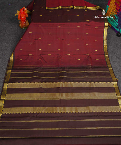 Pure Kanjivaram Silk Saree - Dark Maroon Colour Body Small Butta With Contrast Brown Small Border