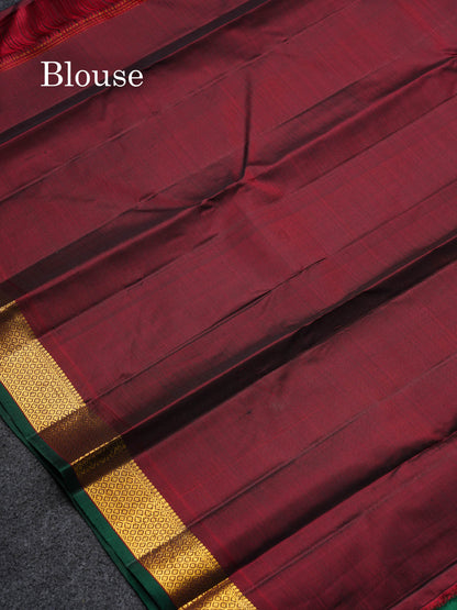 Beautiful Bottle Green Pure Kanjivaram Silk Saree With Contrast Dark Maroon Traditional Small Border