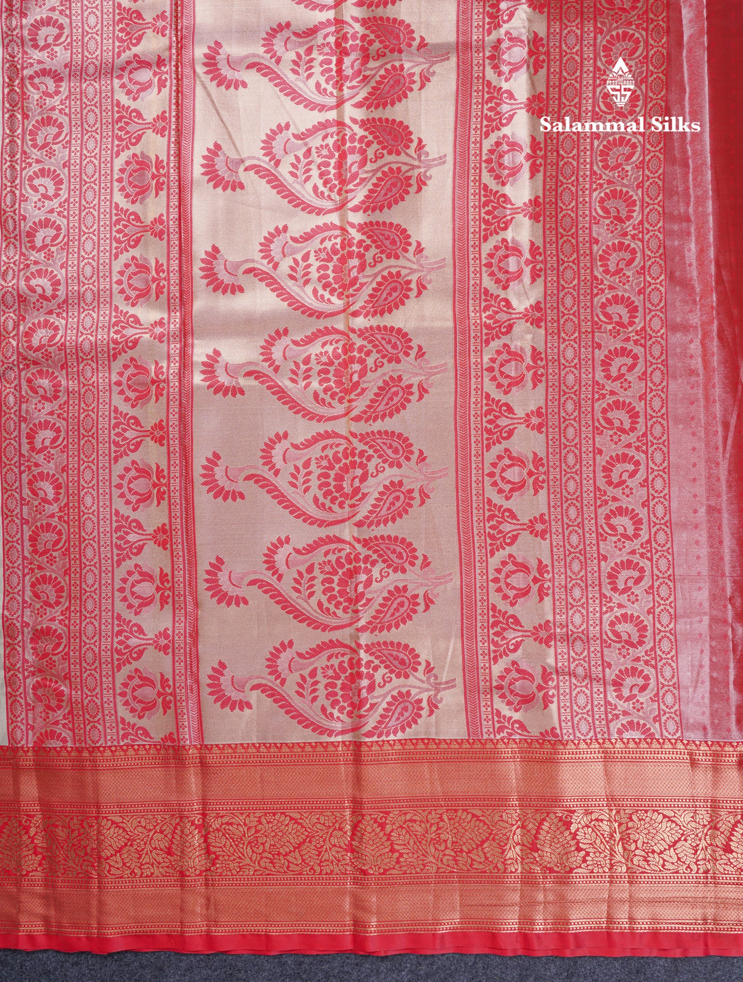 Cream Sandal Tissue Semi Silk Saree With Contrast Chilly Red Traditional Evening Morning Border