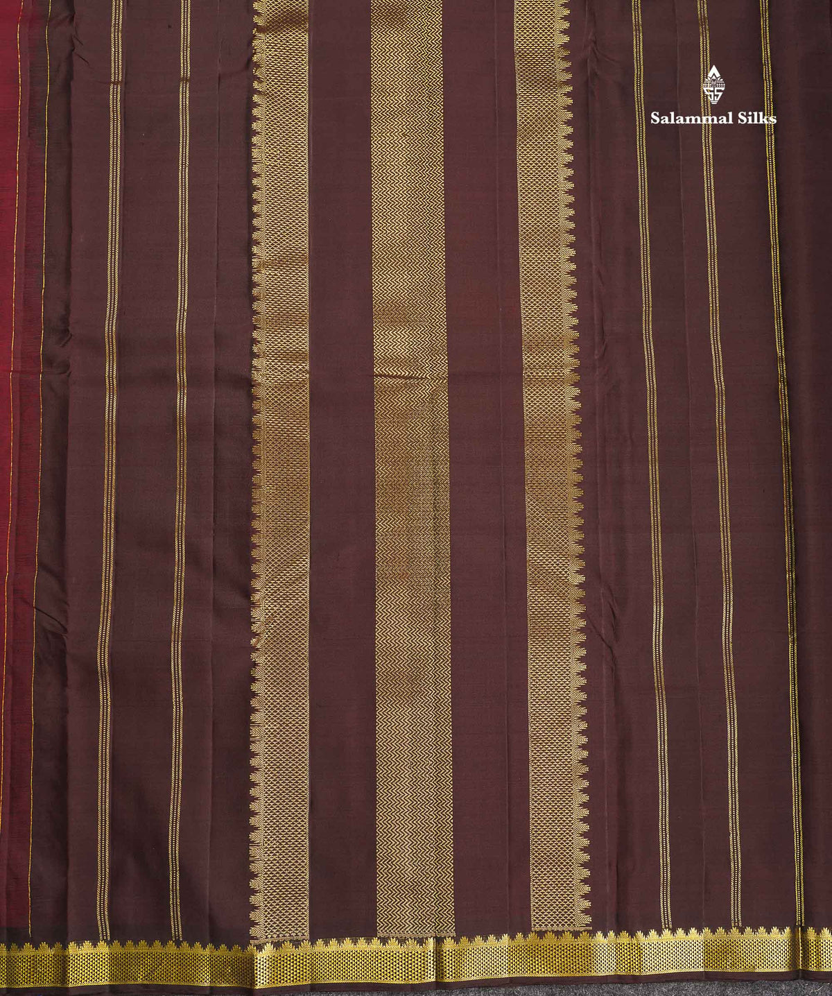 Pure Kanjivaram Silk Saree - Dark Maroon Colour Body Small Butta With Contrast Brown Small Border