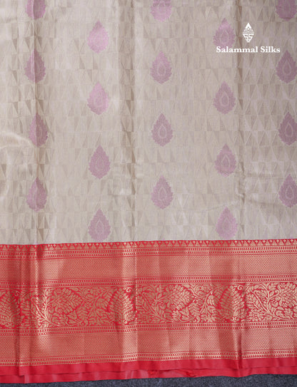 Cream Sandal Tissue Semi Silk Saree With Contrast Chilly Red Traditional Evening Morning Border