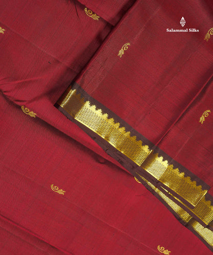 Pure Kanjivaram Silk Saree - Dark Maroon Colour Body Small Butta With Contrast Brown Small Border