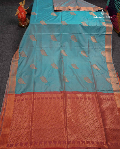Beautiful Light Blue Semi Soft Silk Saree With Contrast Chocolate Blouse