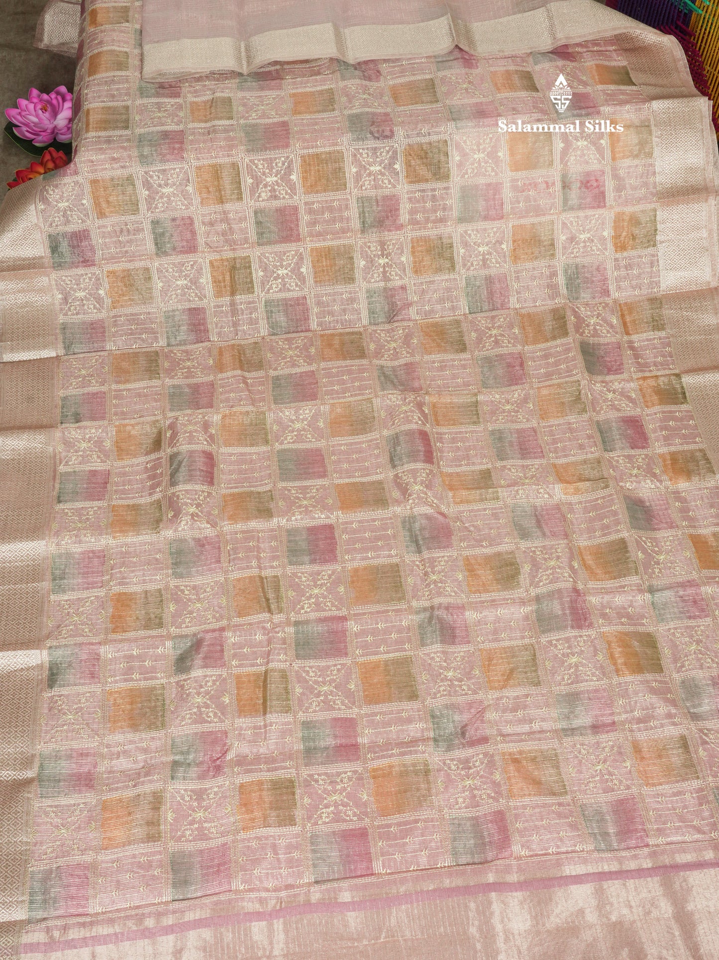 Baby Pink Fancy Tissue Kota Saree With Zari Lines Blouse